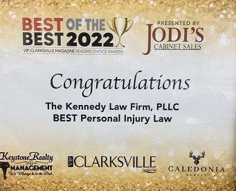 Best Of The Best 2022 | VIP Clarksville Magazine Readers Choice Awards | Congratulations | The Kennedy Law Firm, Best Personal Injury Law | Clarksville